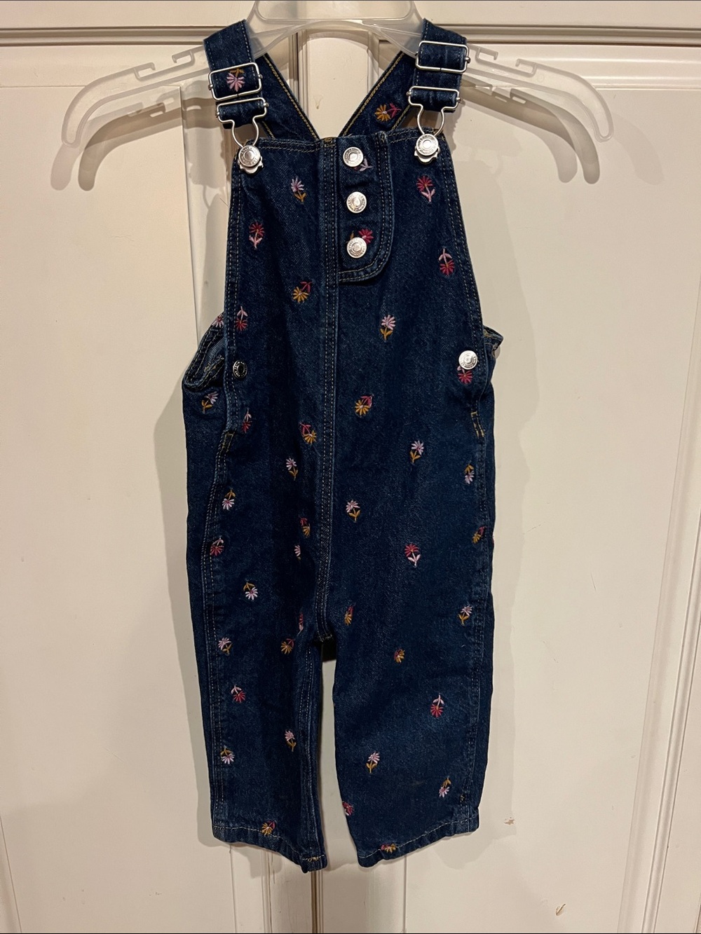 Zara little Girls Dark Blue Denim Embroidered Overalls - Floral Accent
